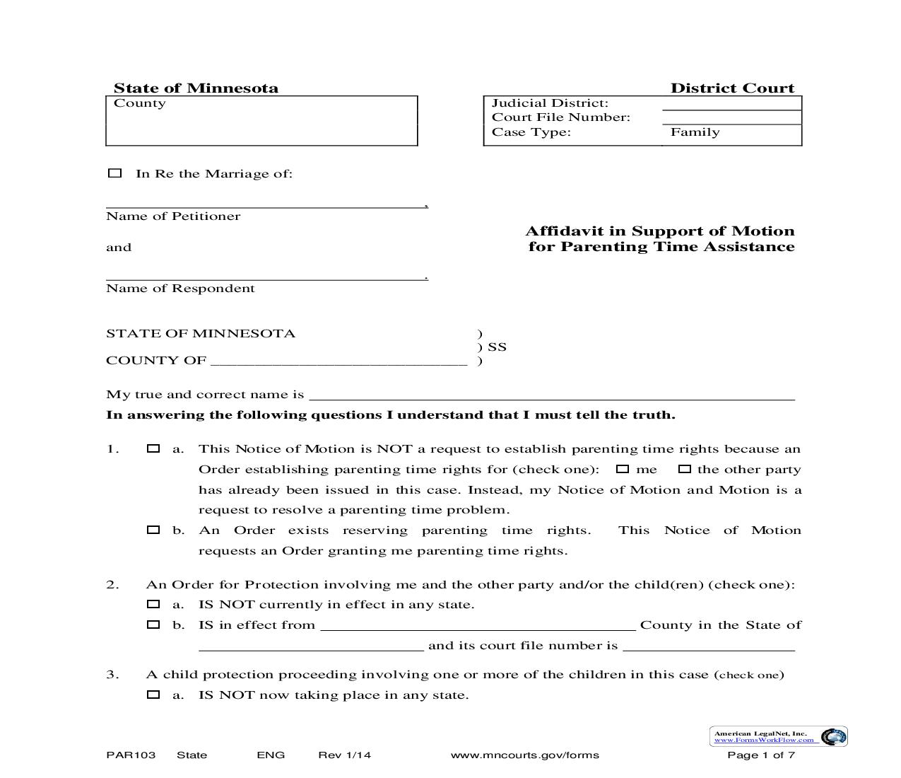 Affidavit In Support Of Motion For Parenting Time Assistance {PAR-103} | Pdf Fpdf Doc Docx | Minnesota