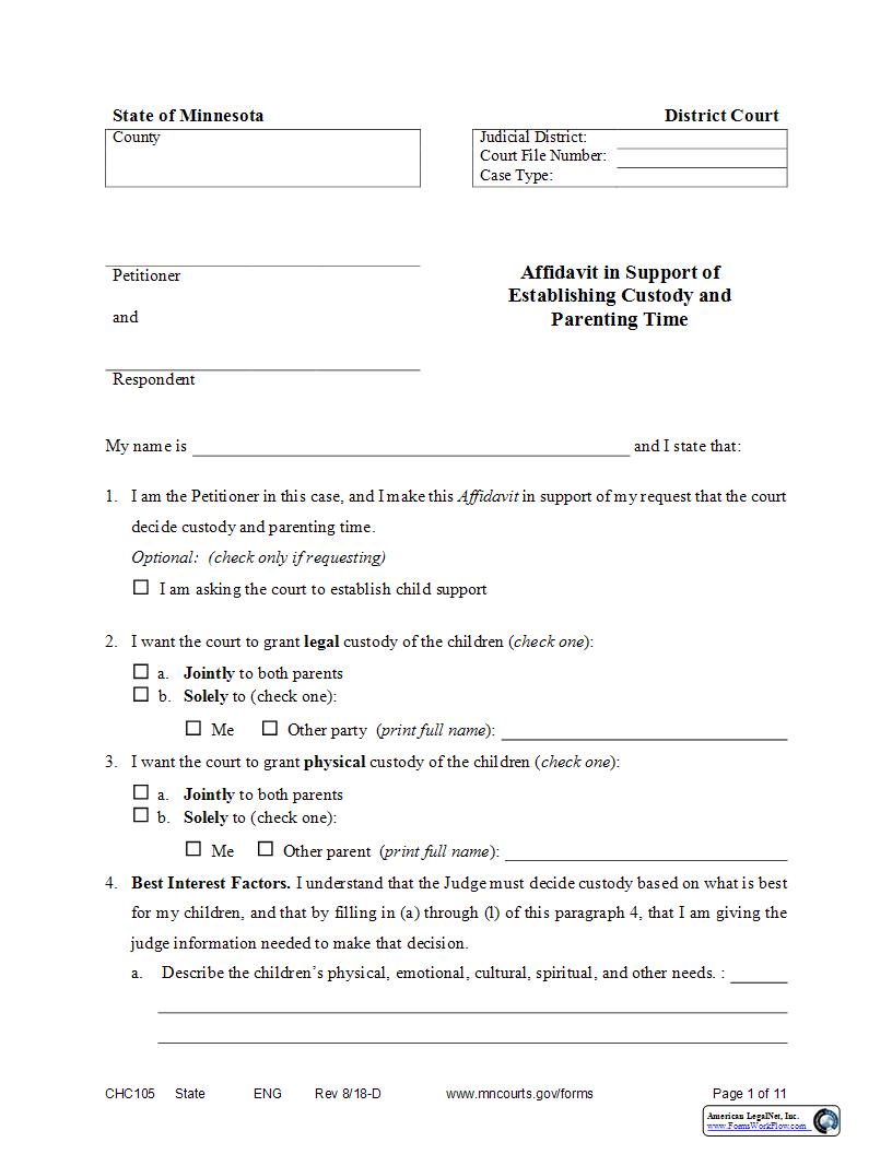 Affidavit In Support Of Motion To Establish Custody And Parenting Time {CHC-105} | Pdf Fpdf Docx | Minnesota