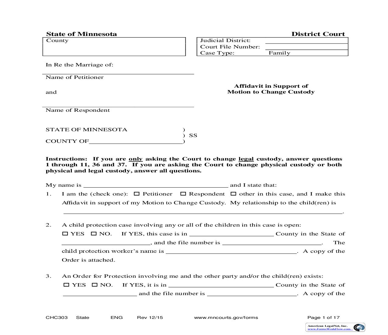 Affidavit In Support To Motion To Change Custody {CHC-303} | Pdf Fpdf Doc Docx | Minnesota