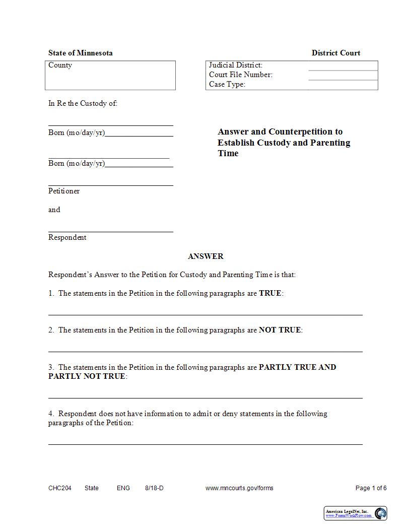 Answer And Counter Petition To Establish Custody And Parenting {CHC-204} | Pdf Fpdf Docx | Minnesota