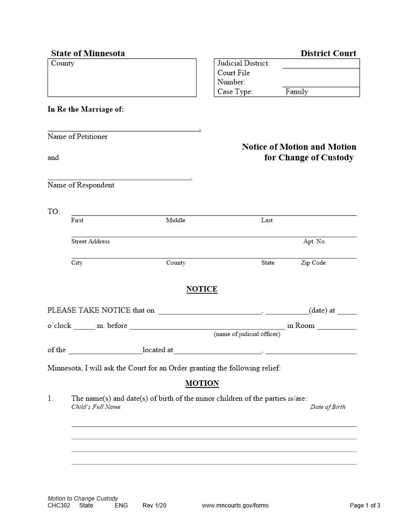 Notice Of Motion And Motion For Change Of Custody {CHC-302} | Pdf Fpdf Doc Docx | Minnesota