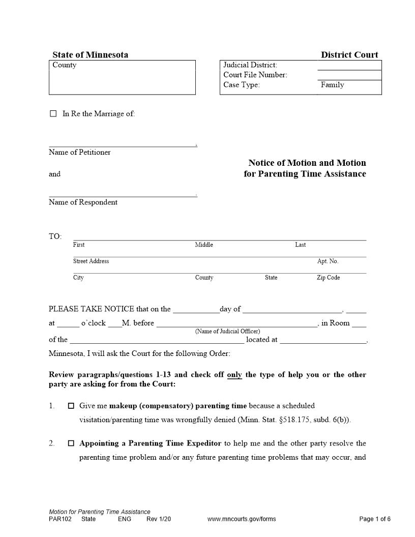 Notice Of Motion And Motion For Parenting Time Assistance {PAR-102} | Pdf Fpdf Doc Docx | Minnesota
