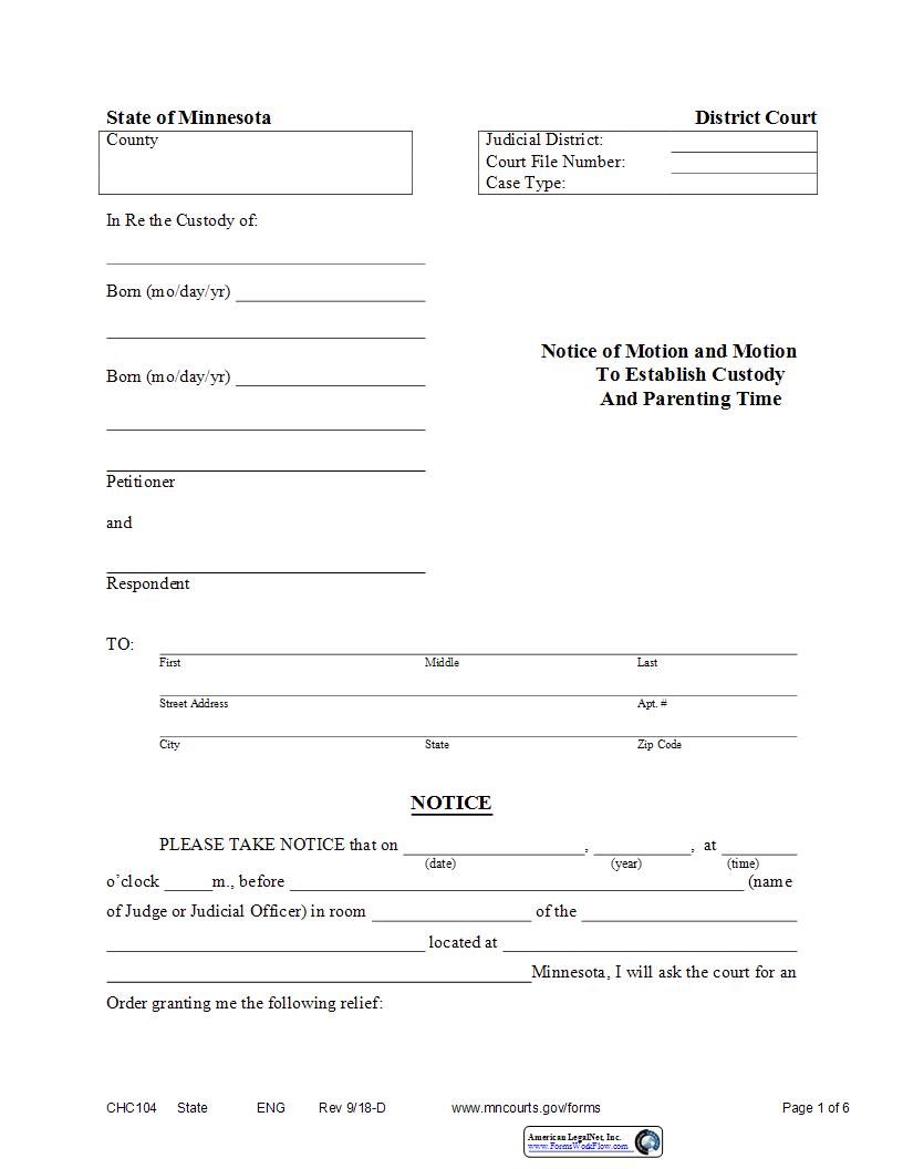 Notice Of Motion And Motion To Establish Custody And Parenting Time {CHC-104} | Pdf Fpdf Docx | Minnesota