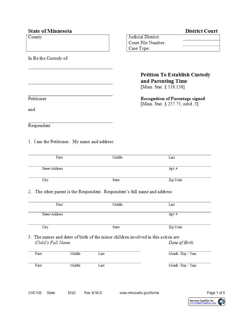 Petition To Establish Custody And Parenting Time {CHC-103} | Pdf Fpdf Docx | Minnesota
