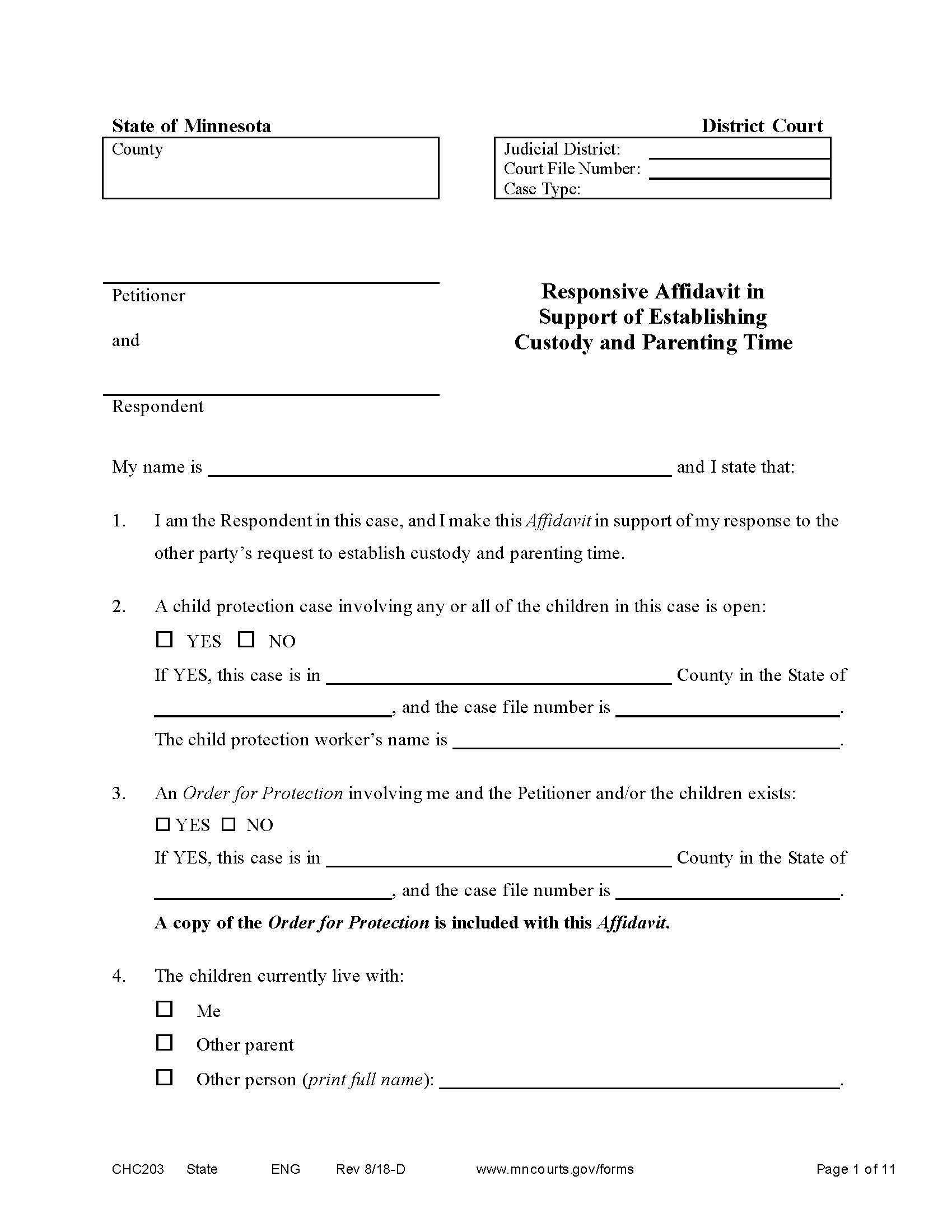 Responsive Affidavit In Support Of Establishing Custody {CHC-203} | Pdf Fpdf Doc Docx | Minnesota