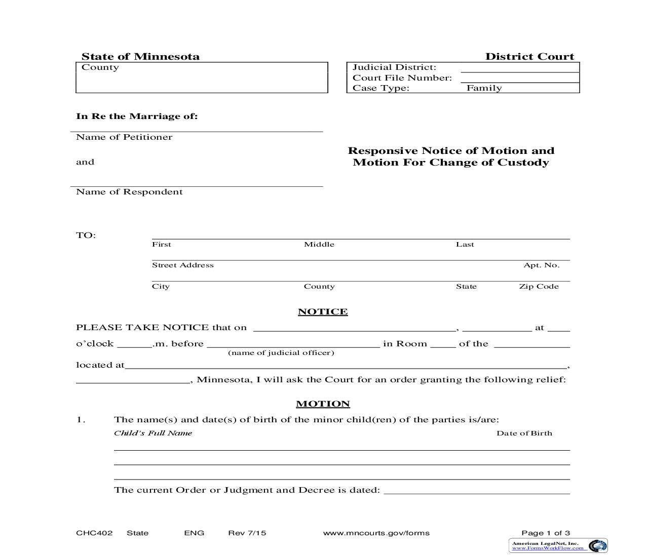 Responsive Notice Of Motion And Motion For Change Of Custody {CHC-402} | Pdf Fpdf Doc Docx | Minnesota