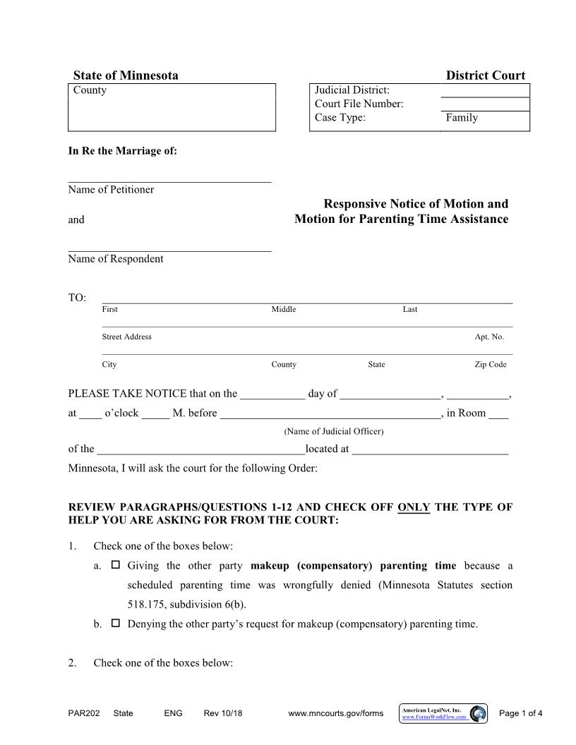 Responsive Notice Of Motion And Motion For Parenting Time Assistance {PAR-202} | Pdf Fpdf Docx | Minnesota