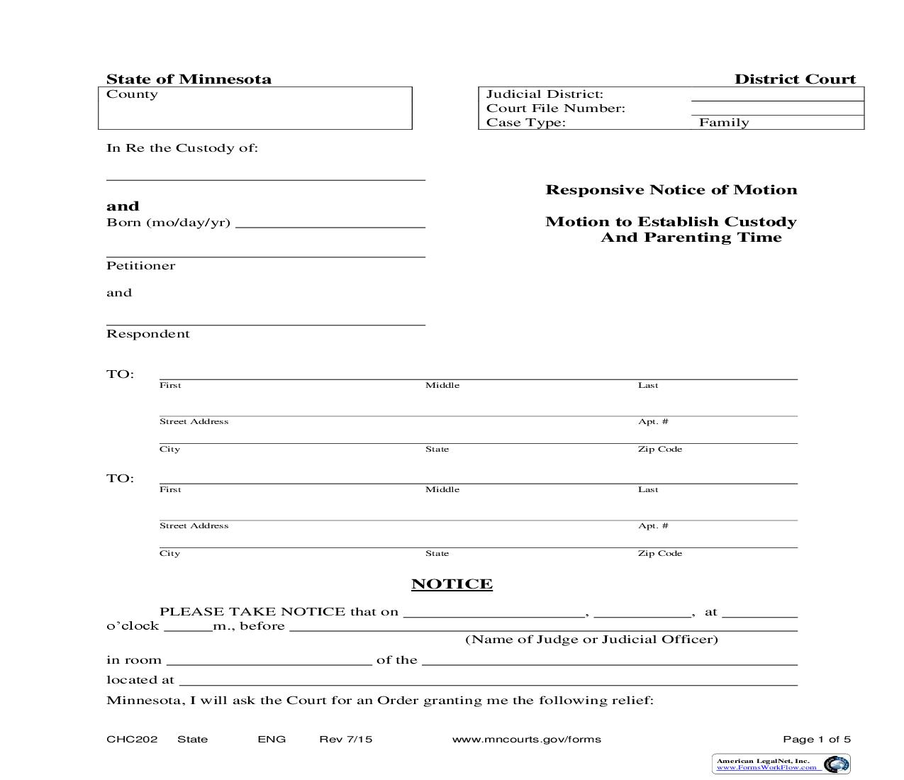 Responsive Notice Of Motion And Motion To Establish Custody And Parenting Time {CHC-202} | Pdf Fpdf Doc Docx | Minnesota