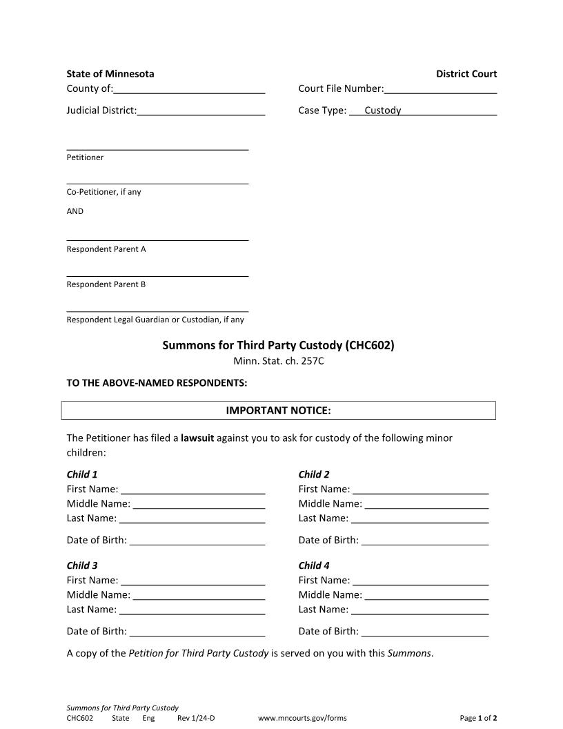 Summons For Third Party Custody {CHC-602} | Pdf Fpdf Doc Docx | Minnesota