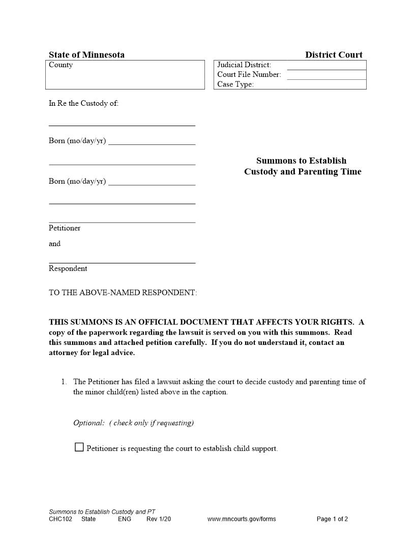 Summons To Establish Custody And Parenting Time {CHC-102} | Pdf Fpdf Doc Docx | Minnesota