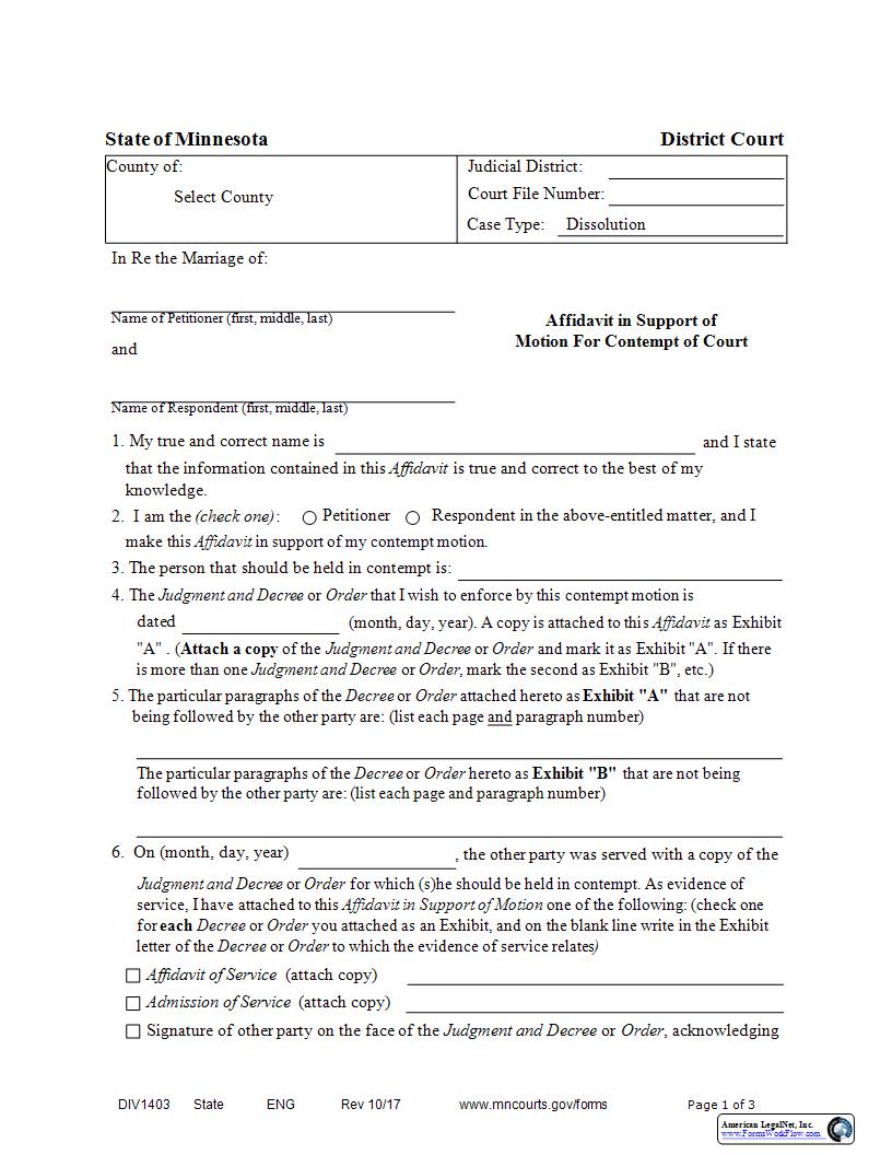 Affidavit In Support Of Motion For Contempt Of Court {DIV-1403} | Pdf Fpdf Docx | Minnesota