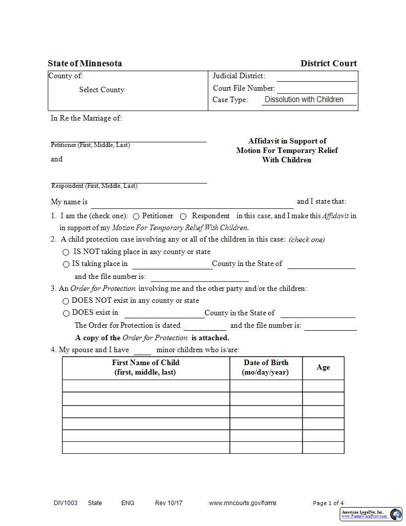 Affidavit In Support Of Motion For Temporary Relief With Children {DIV-1003} | Pdf Fpdf Docx | Minnesota