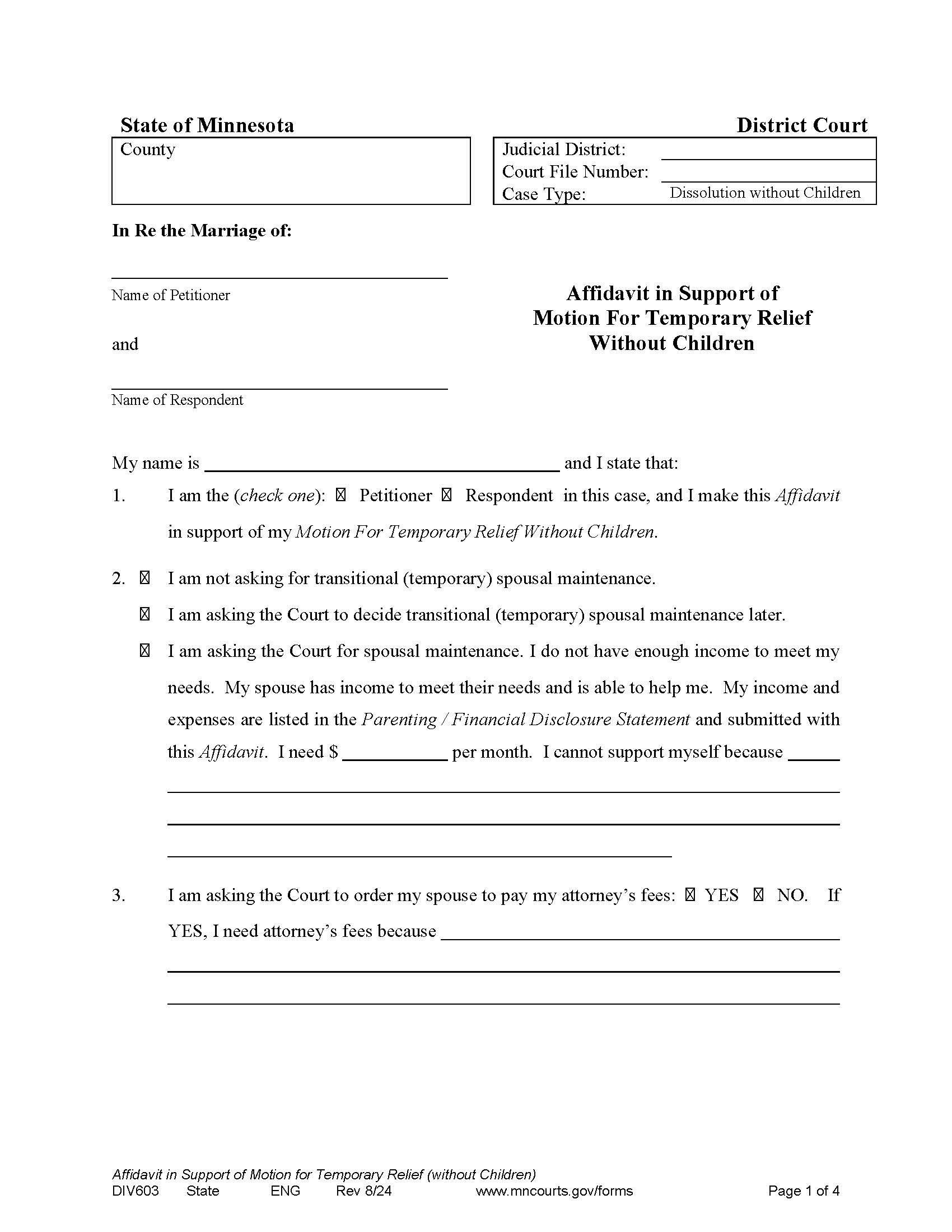 Affidavit In Support Of Motion For Temporary Relief Without Children {DIV-603} | Pdf Fpdf Docx | Minnesota