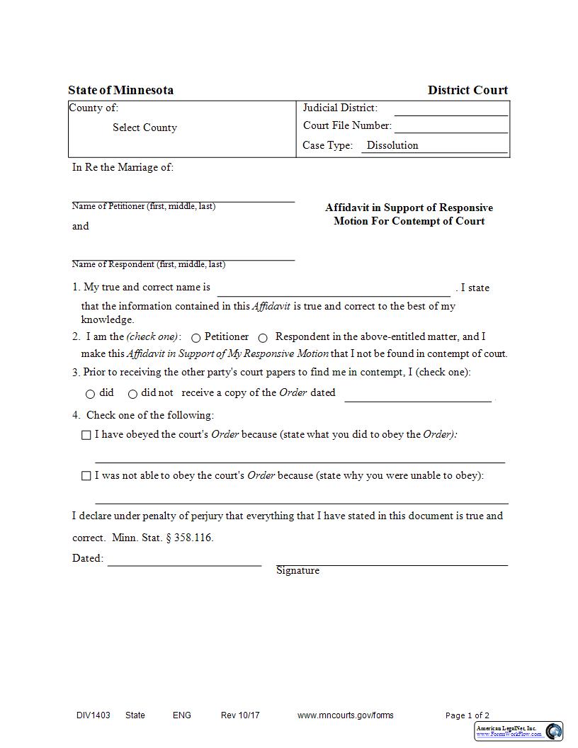 Affidavit In Support Of Responsive Motion For Contempt Of Court {DIV-1503} | Pdf Fpdf Docx | Minnesota