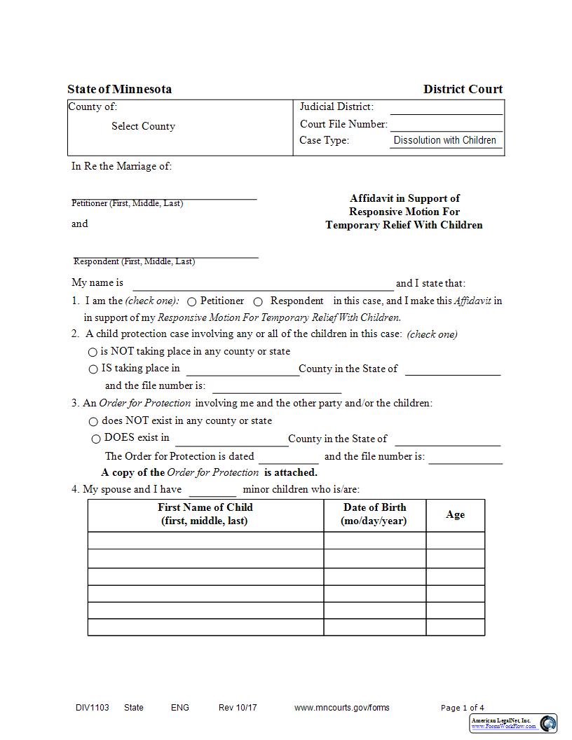 Affidavit In Support Of Responsive Motion For Temporary Relief With Children {DIV-1103} | Pdf Fpdf Docx | Minnesota