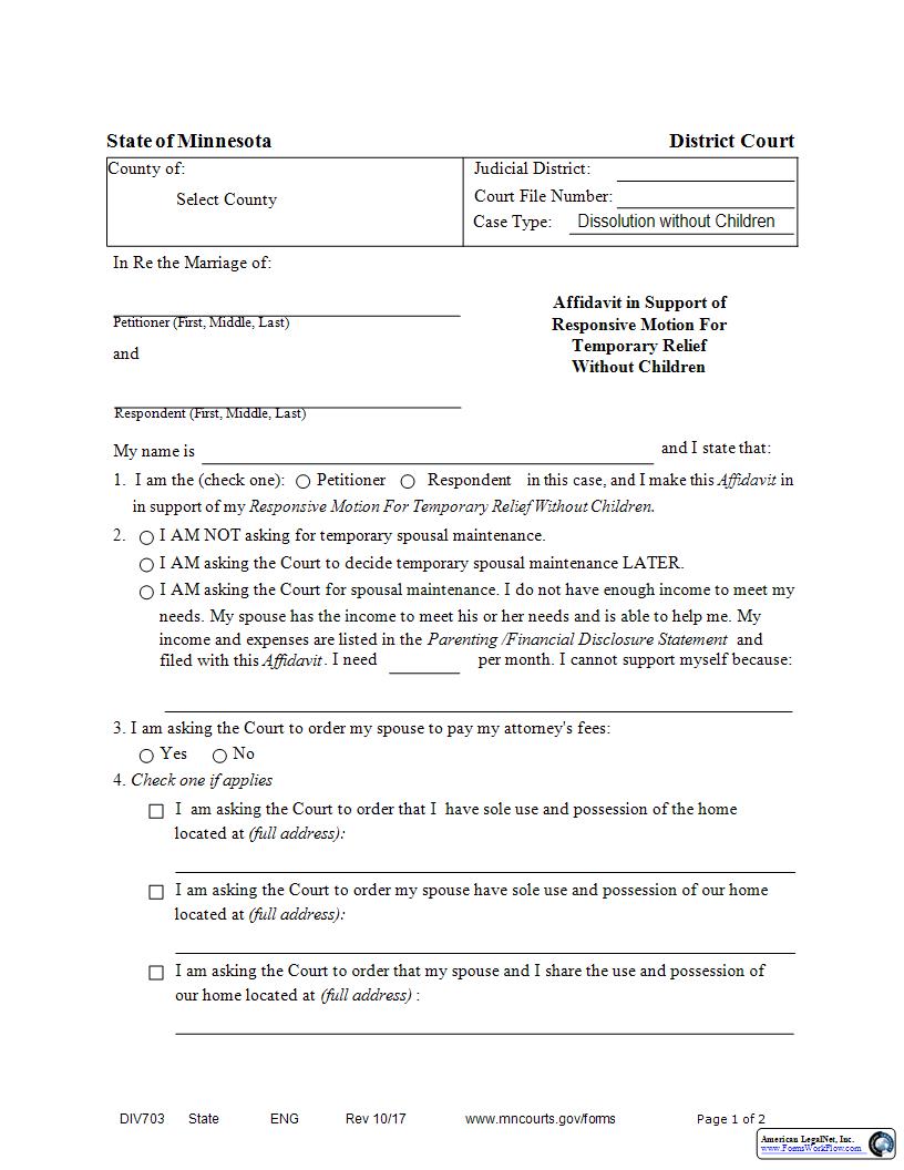 Affidavit In Support Of Responsive Motion For Temporary Relief Without Children {DIV-703} | Pdf Fpdf Docx | Minnesota