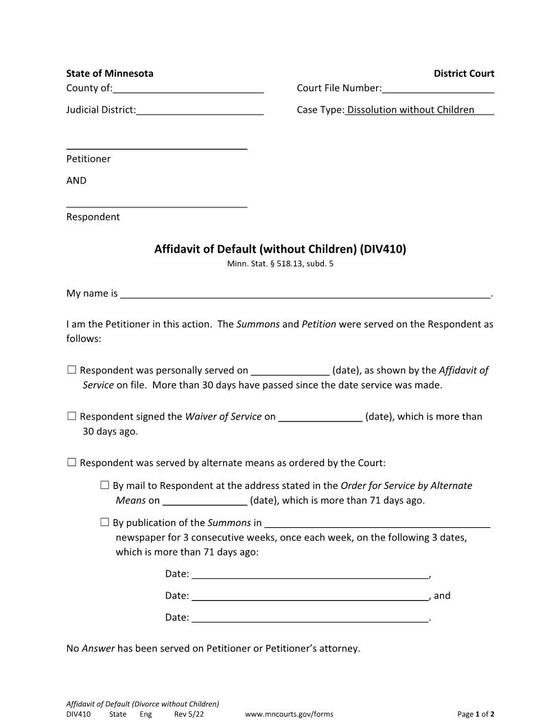 Affidavit Of Default {DIV410} | Pdf Fpdf Docx | Minnesota