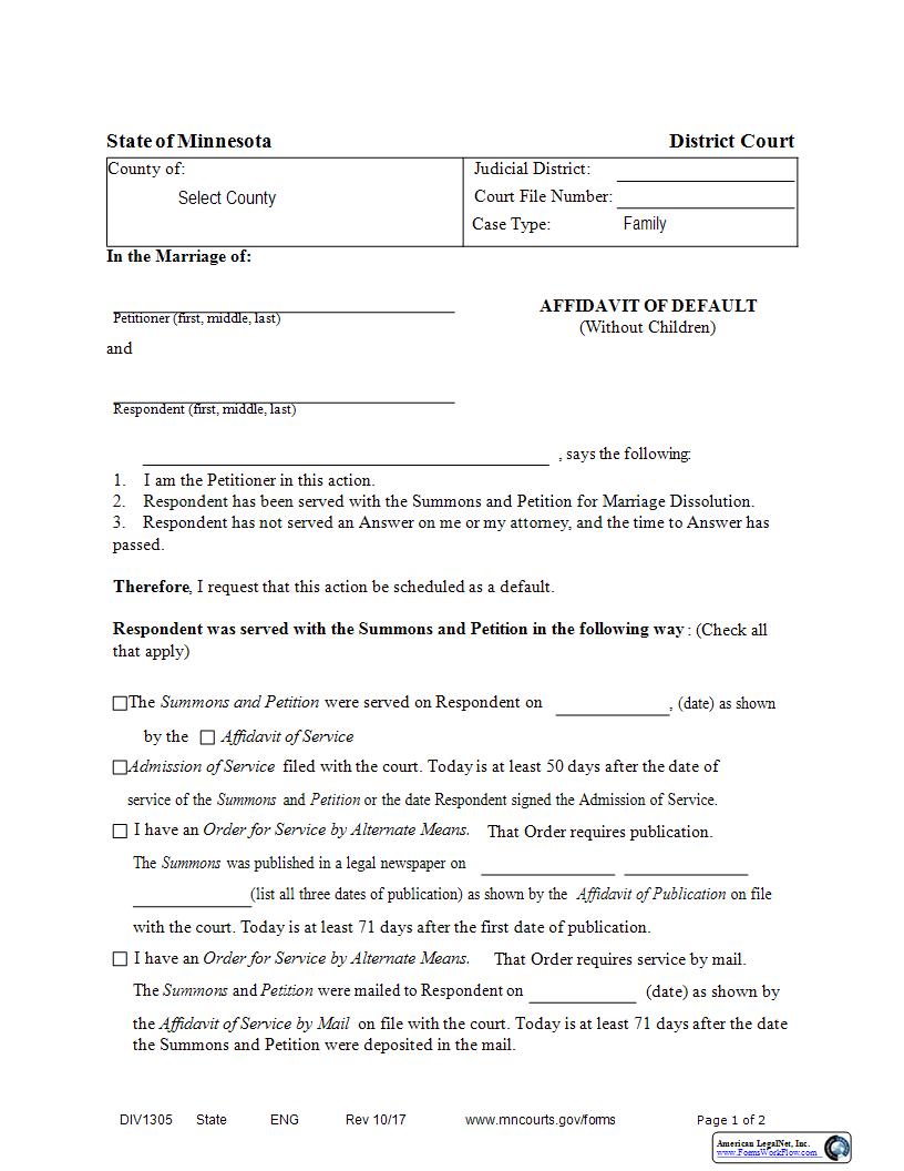Affidavit Of Default (Without Children) {DIV-1305} | Pdf Fpdf Docx | Minnesota