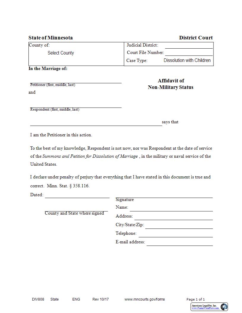 Affidavit Of Non Military Status (Dissolution With Children) {DIV-808} | Pdf Fpdf Docx | Minnesota