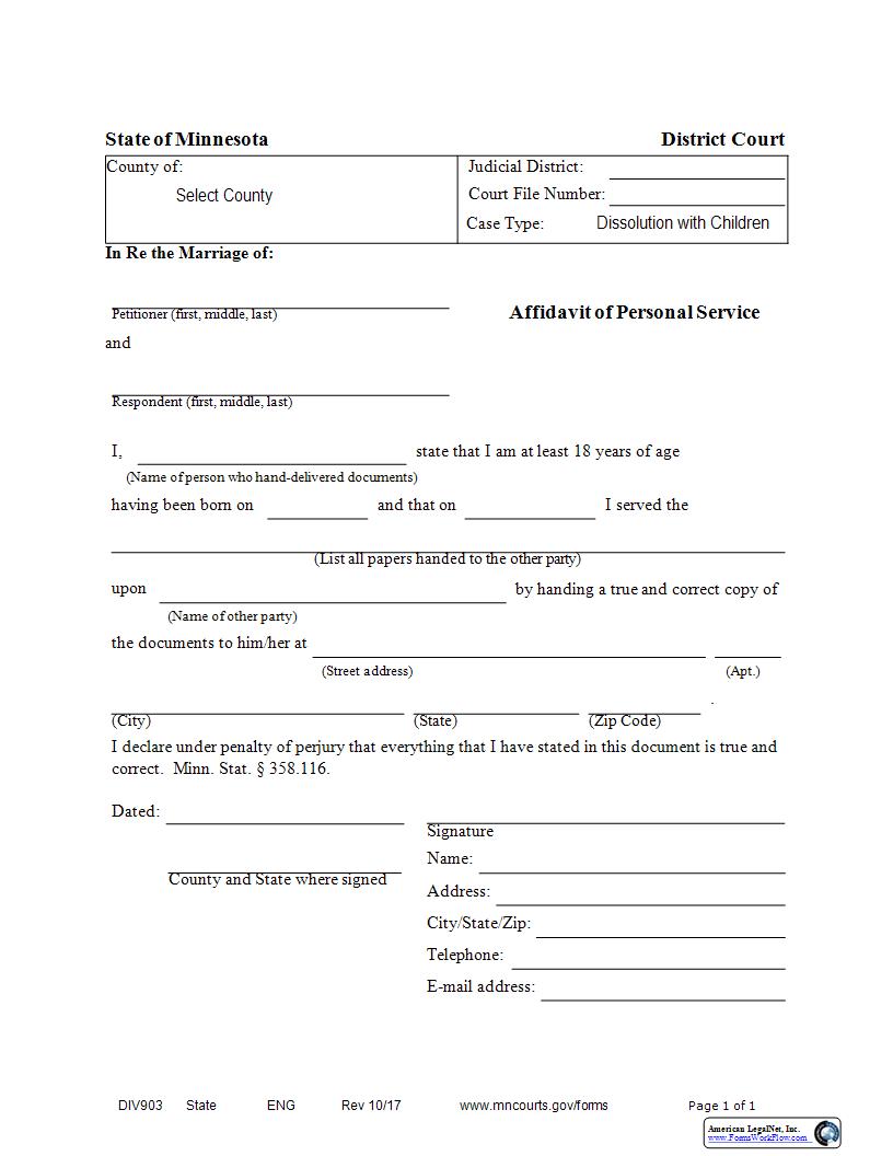 Affidavit Of Personal Service (Dissolution With Children) {DIV-903} | Pdf Fpdf Docx | Minnesota