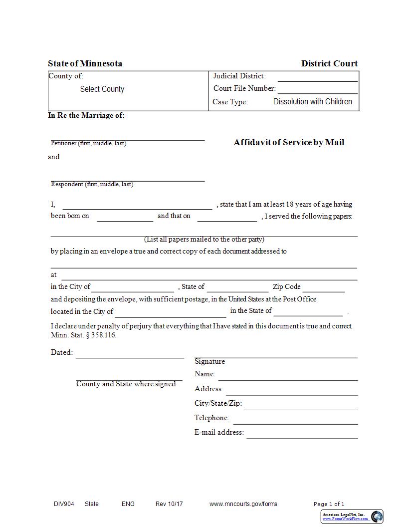 Affidavit Of Service By Mail (Dissolution With Children) {DIV-904} | Pdf Fpdf Docx | Minnesota