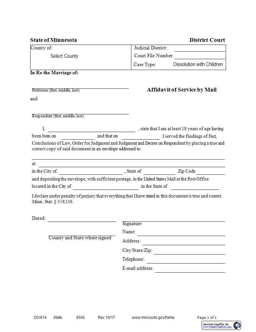 Affidavit Of Service By Mail (With Children) {DIV-814} | Pdf Fpdf Docx | Minnesota