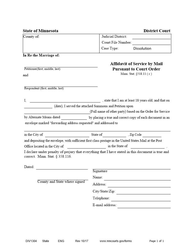 Affidavit Of Service By Mail Pursuant To Court Order {DIV-1304} | Pdf Fpdf Docx | Minnesota