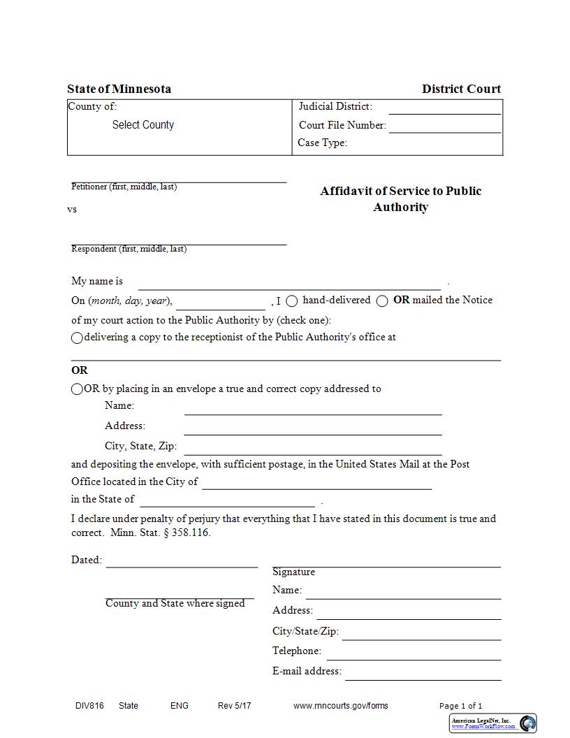Affidavit Of Service To Public Authority {DIV-816} | Pdf Fpdf Docx | Minnesota