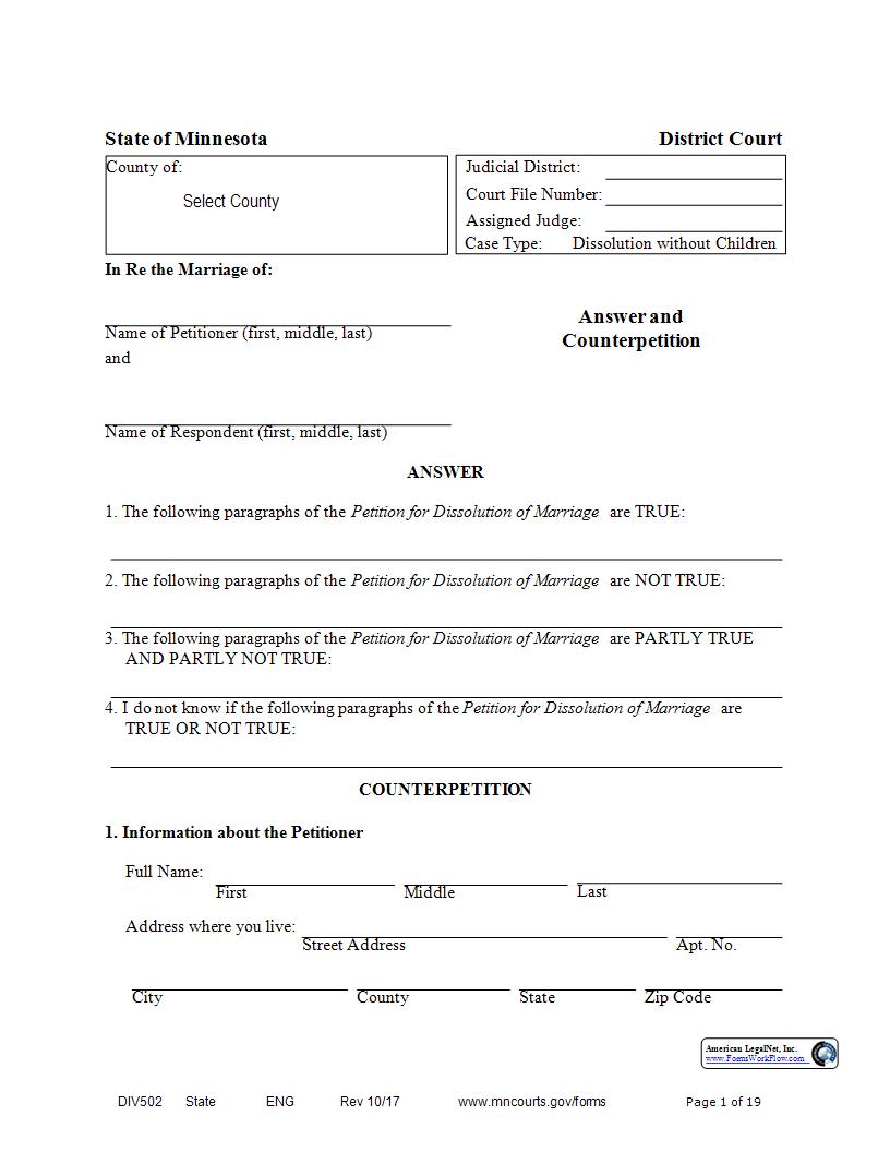 Answer And Counter Petition Dissolution Without Children {DIV-502} | Pdf Fpdf Docx | Minnesota