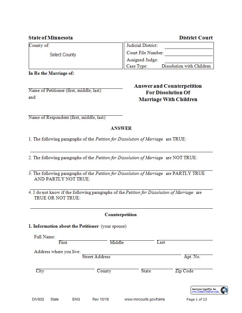 Answer And Counter Petition For Dissolution Of Marriage With Children {DIV-902} | Pdf Fpdf Docx | Minnesota