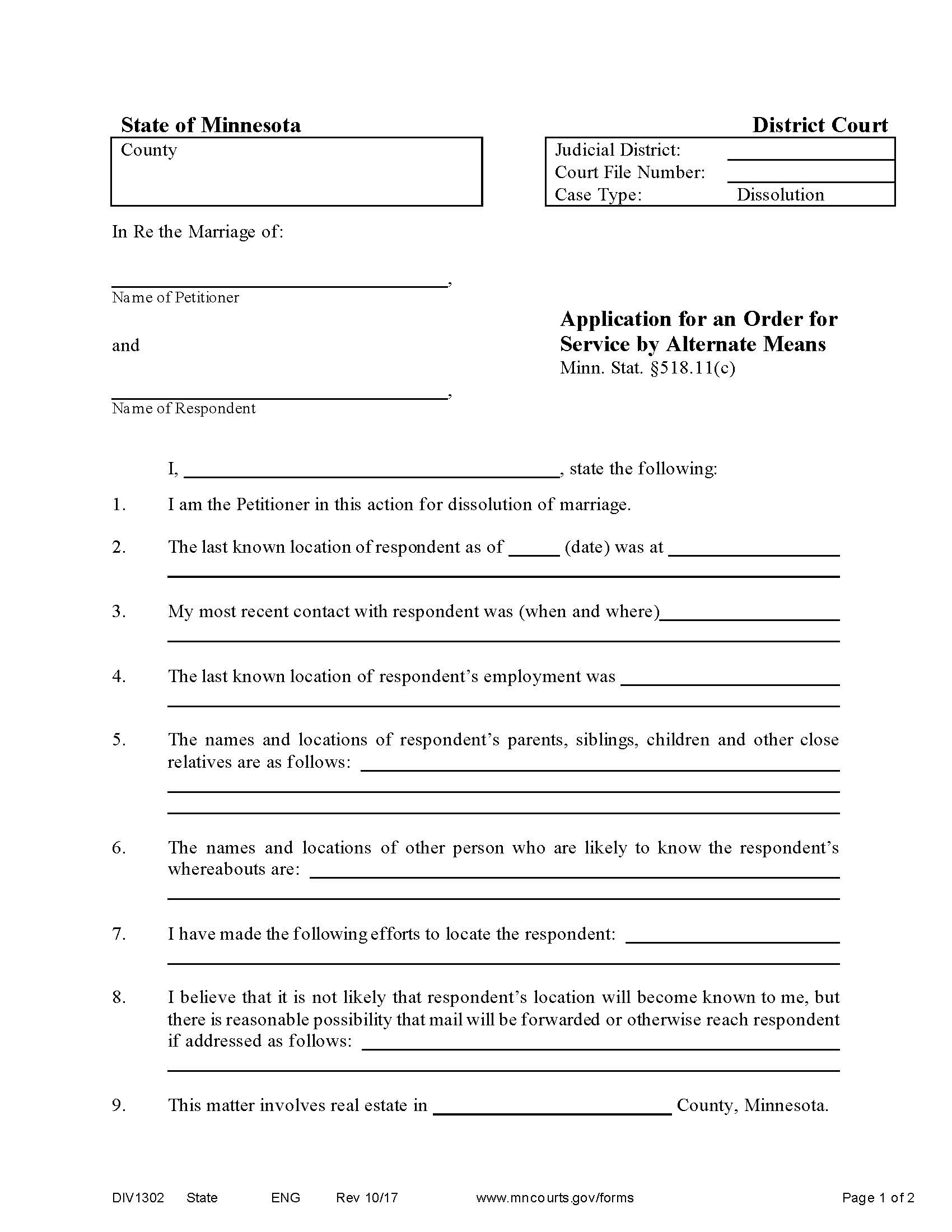Application For Order For Service By Alternative Means {DIV-1302} | Pdf Fpdf Docx | Minnesota
