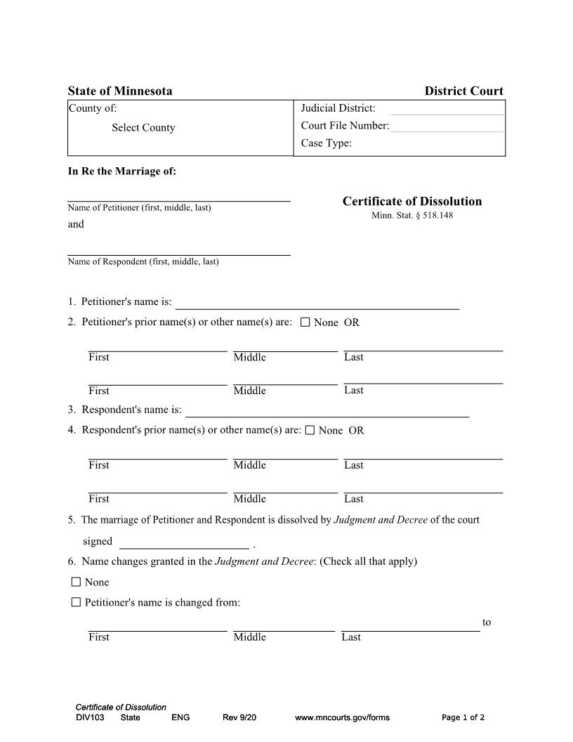 Certificate Of Dissolution {DIV-103} | Pdf Fpdf Docx | Minnesota