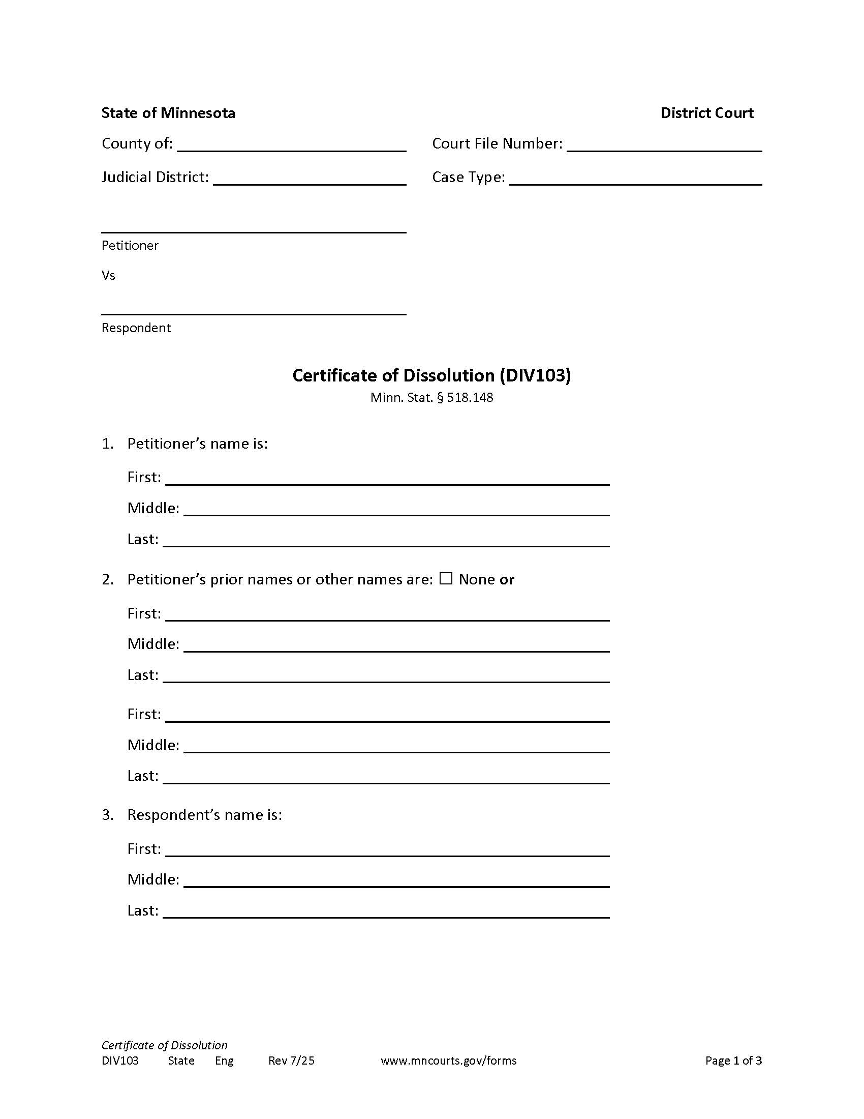 Certificate Of Dissolution {DIV-103} | Pdf Fpdf Docx | Minnesota