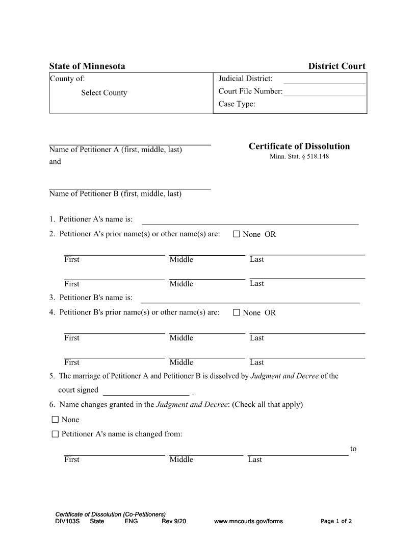 Certificate Of Dissolution {DIV-103S} | Pdf Fpdf Docx | Minnesota