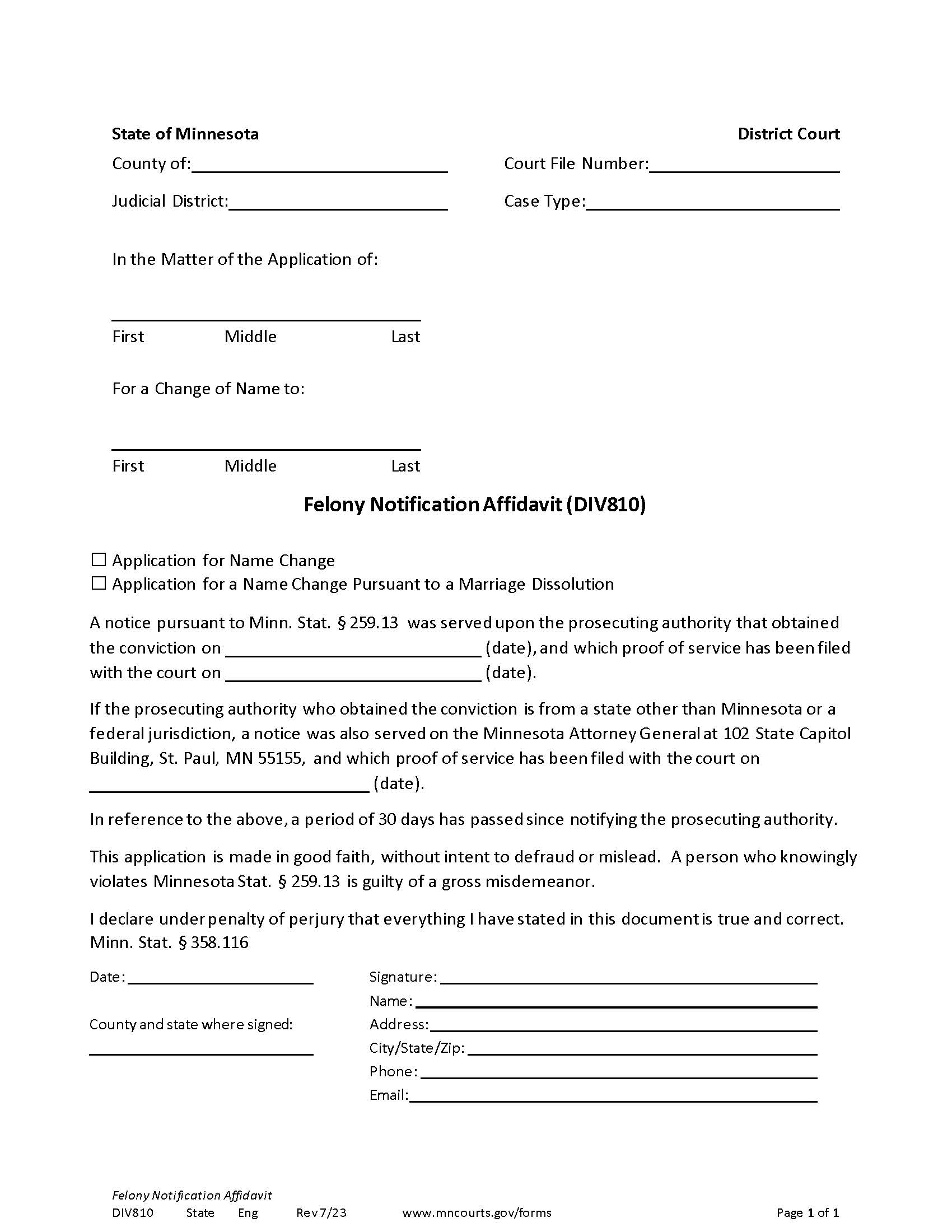 Felony Notification Affidavit {DIV-106} | Pdf Fpdf Docx | Minnesota