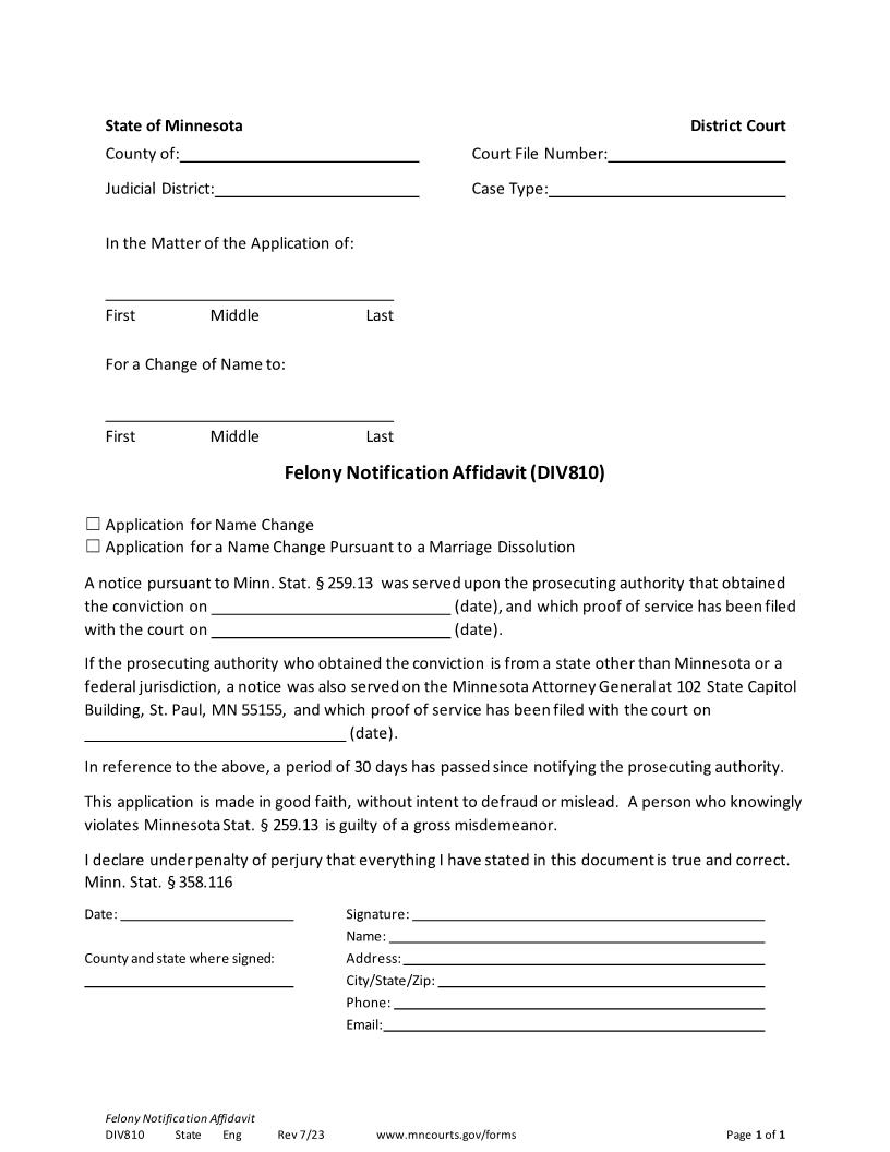Felony Notification Affidavit (Dissolution Without Children) {DIV-810} | Pdf Fpdf Docx | Minnesota
