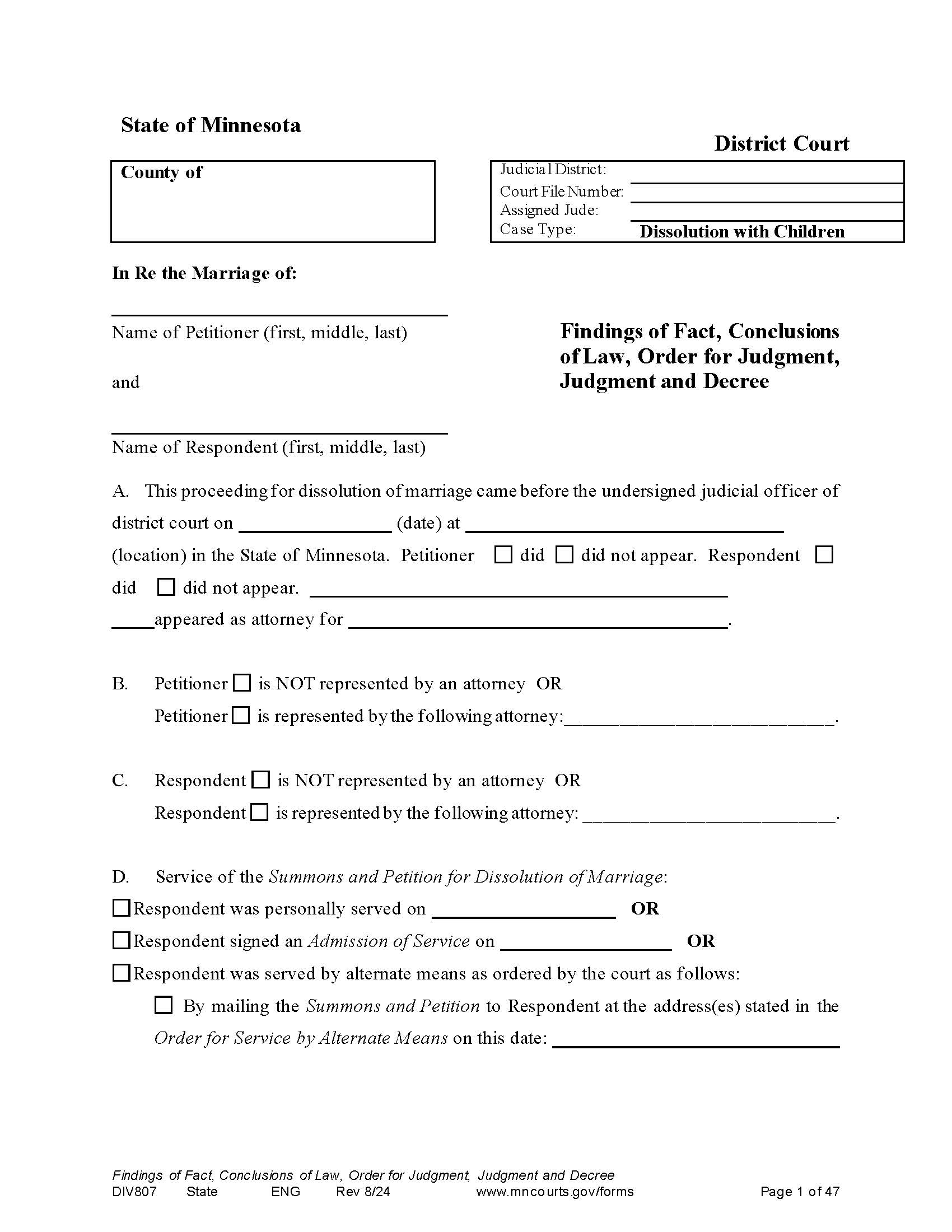 Findings Of Fact Conclusions Of Law Dissolution With Children {DIV-807} | Pdf Fpdf Docx | Minnesota