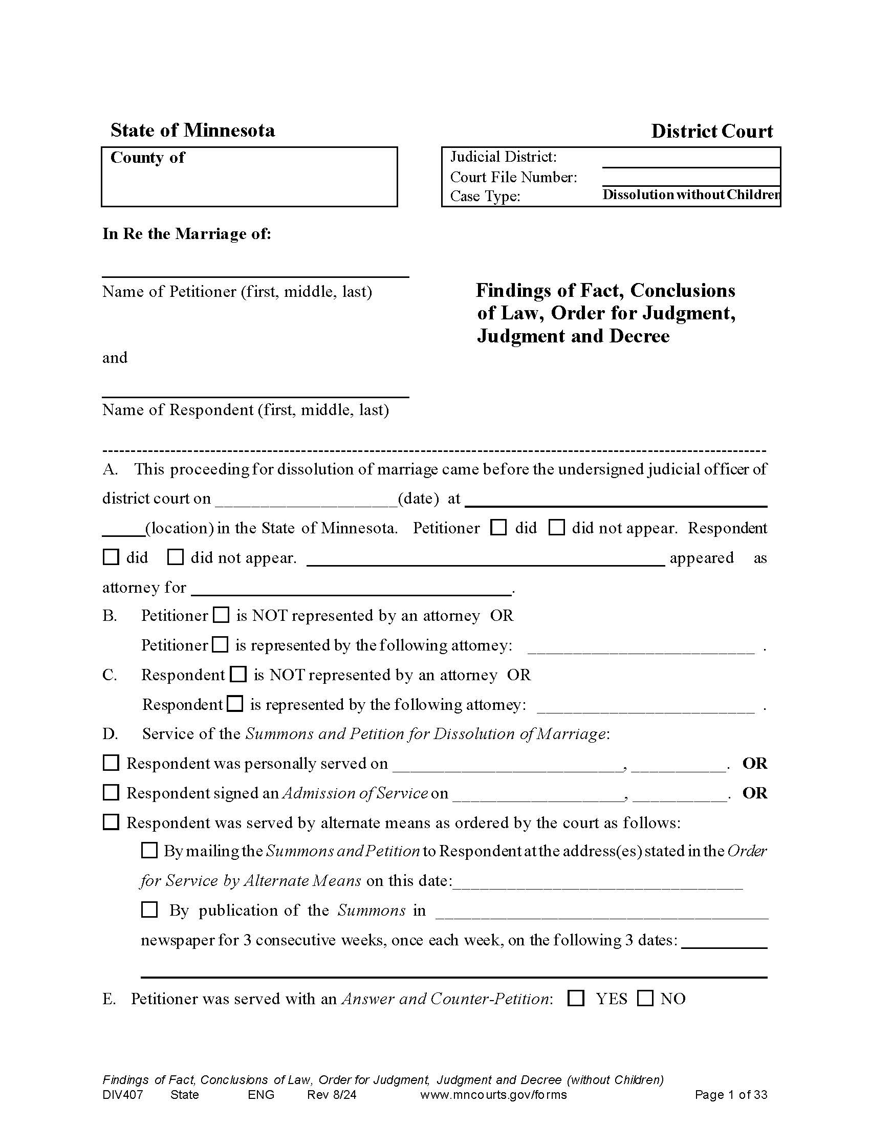 Findings Of Fact Conclusions Of Law Order For Judgment Divorce {DIV-407} | Pdf Fpdf Docx | Minnesota