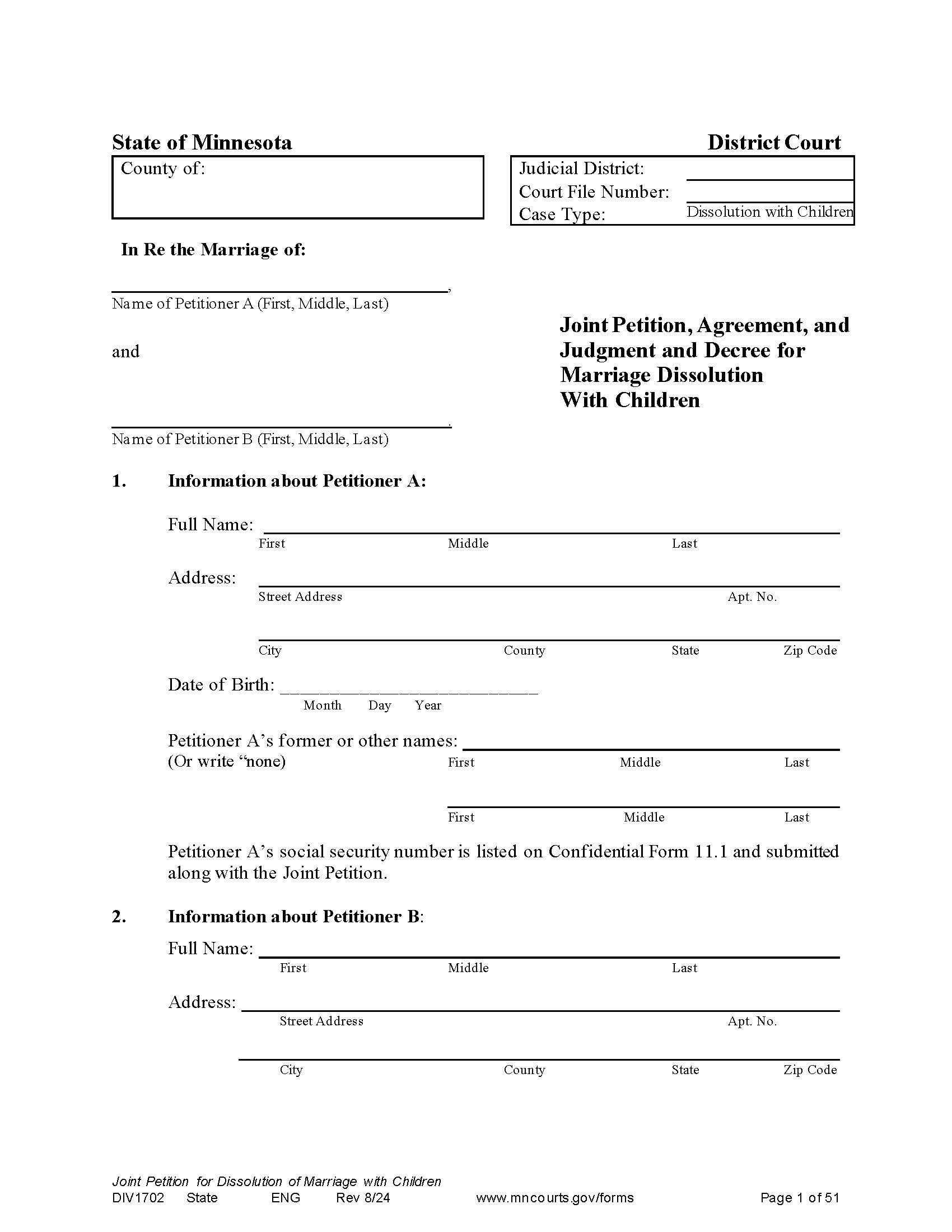Joint Petition Agreement And Judgment And Decree For Marriage Dissolution With Children {DIV-1702} | Pdf Fpdf Docx | Minnesota