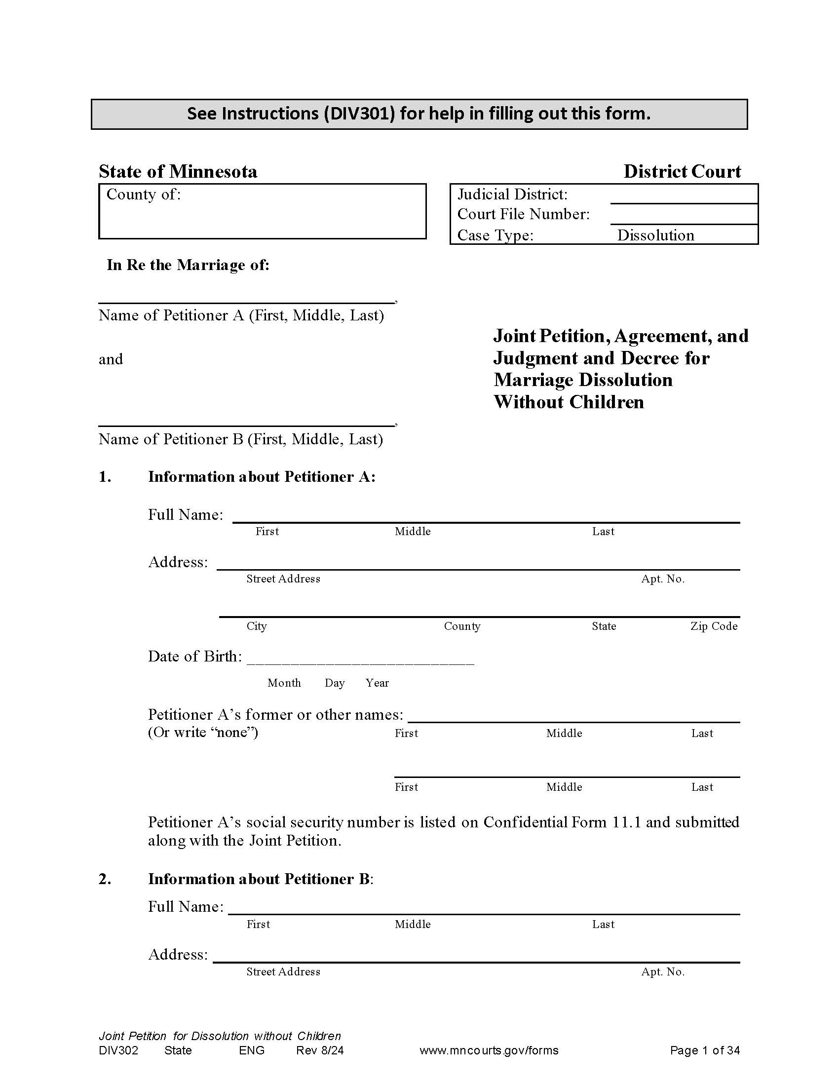 Joint Petition Agreement And Judgment And Decree For Marriage Dissolution Without Children {DIV-302} | Pdf Fpdf Docx | Minnesota