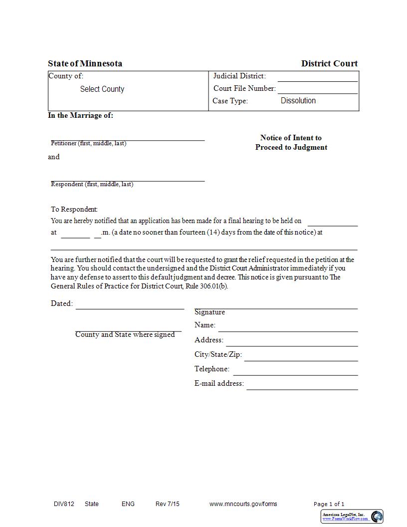 Notice Of Intent To Proceed To Judgment {DIV-812} | Pdf Fpdf Docx | Minnesota