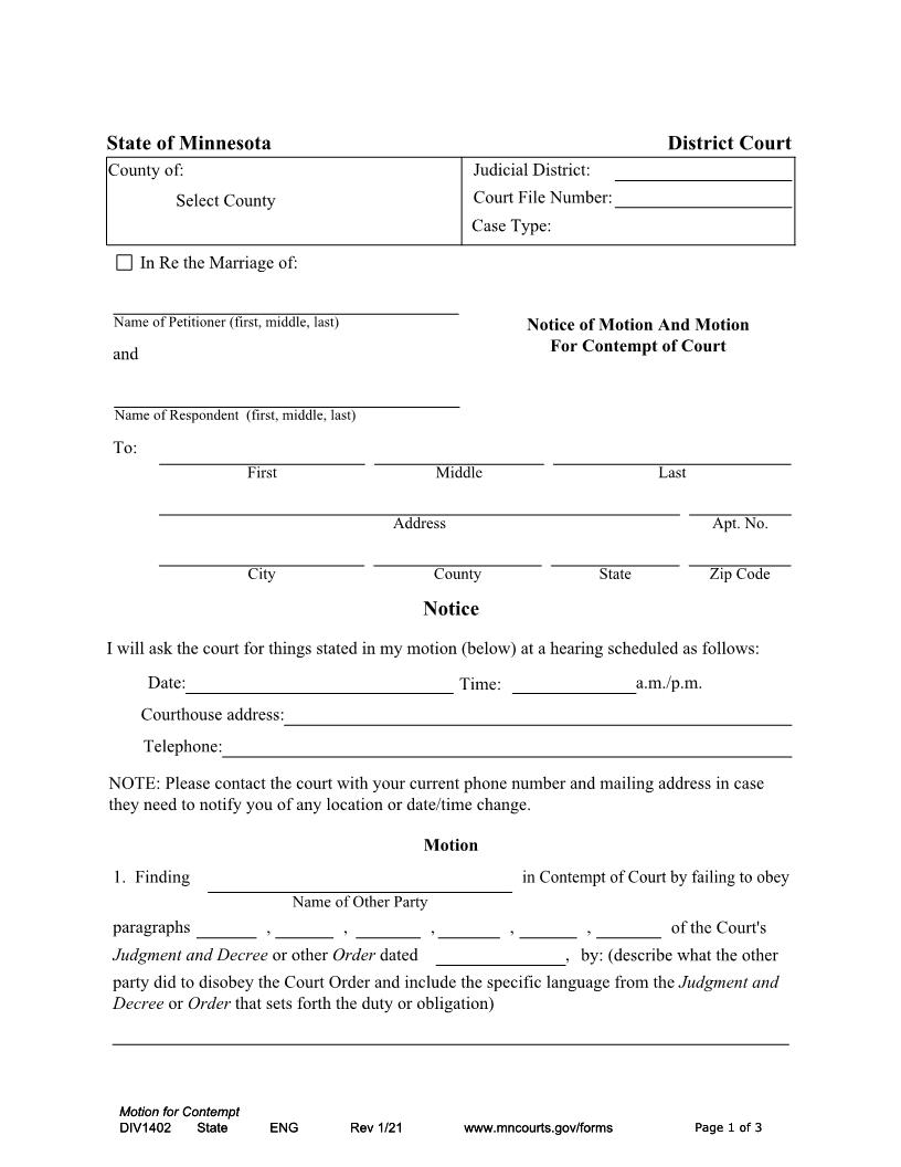Notice Of Motion And Motion For Contempt Of Court {DIV-1402} | Pdf Fpdf Docx | Minnesota