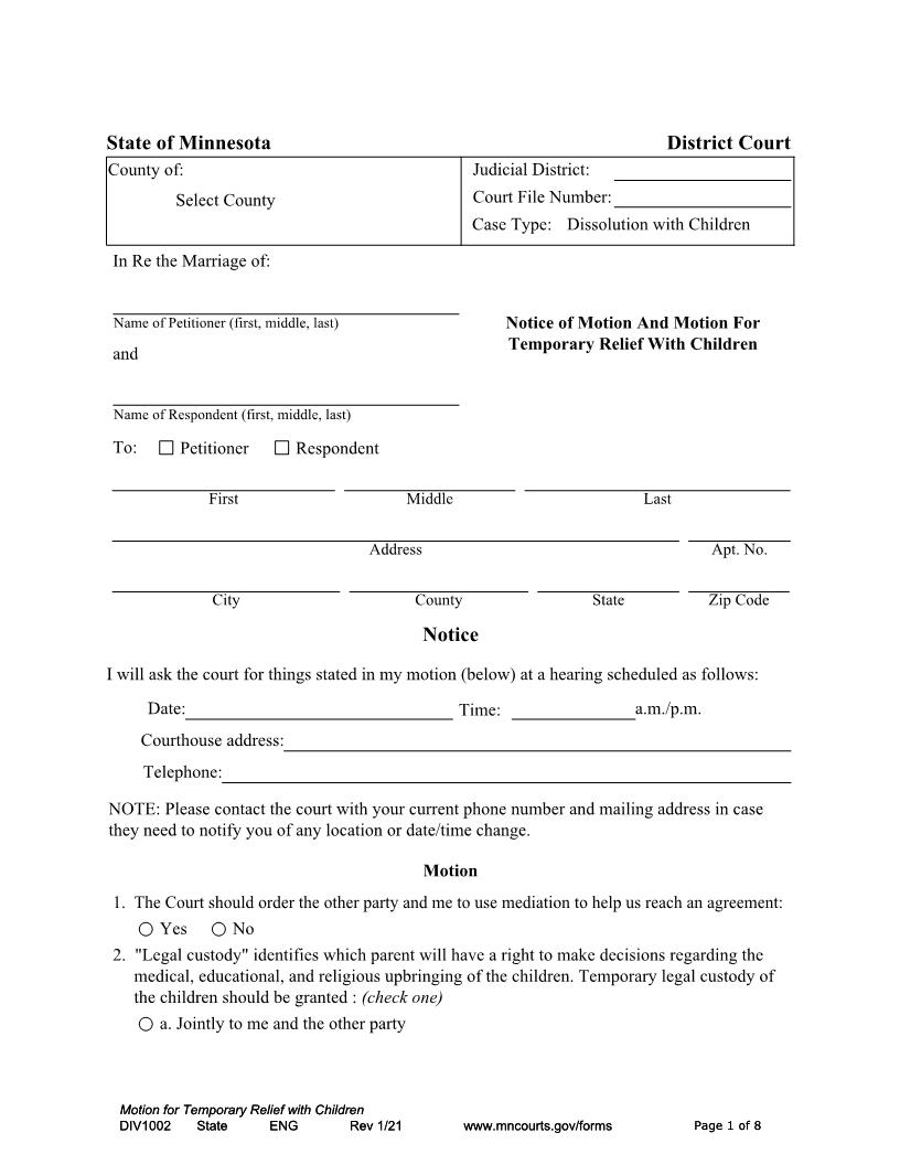 Notice Of Motion And Motion For Temporary Relief With Children {DIV-1002} | Pdf Fpdf Docx | Minnesota