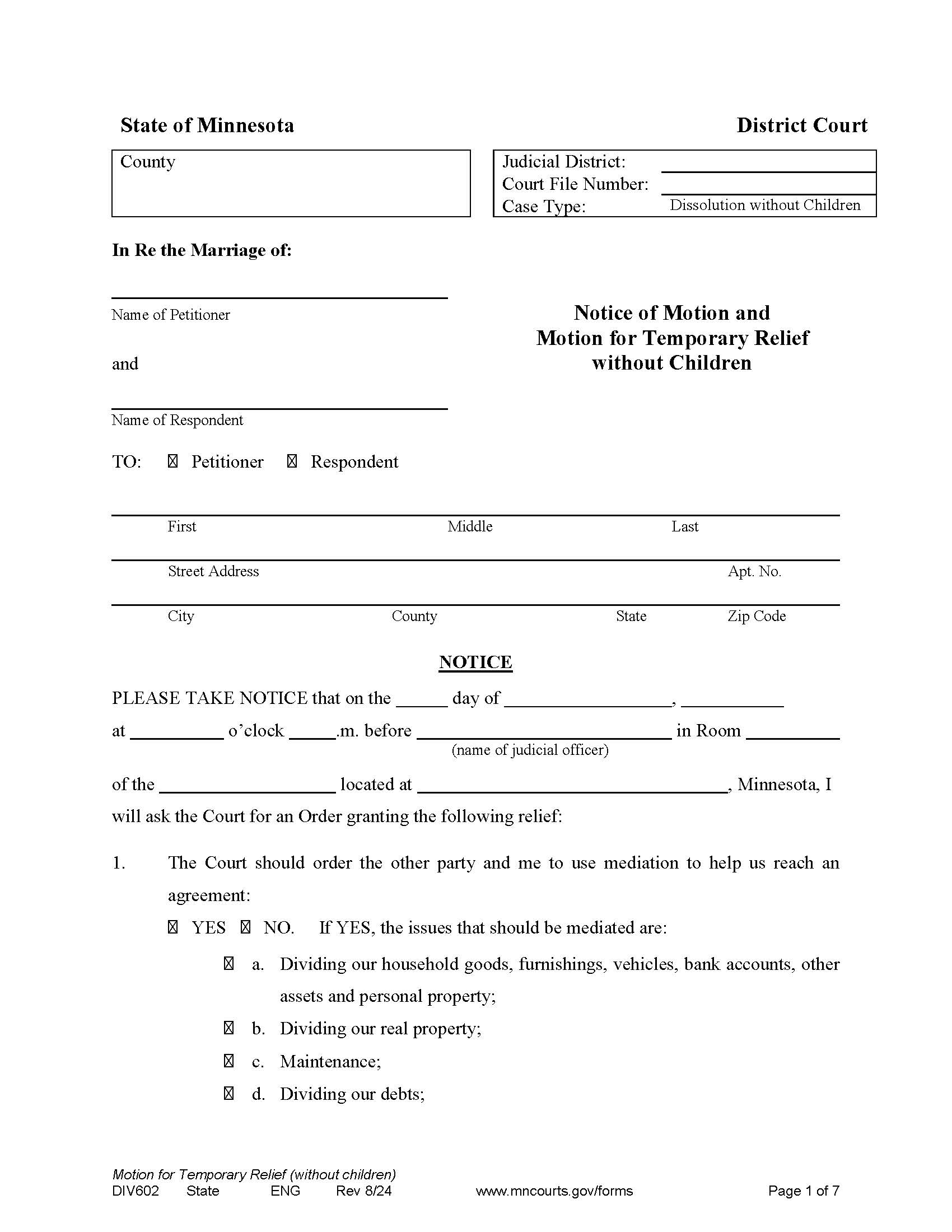 Notice Of Motion And Motion For Temporary Relief Without Children {DIV-602} | Pdf Fpdf Docx | Minnesota