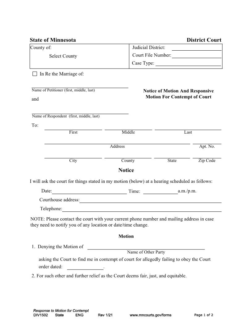 Notice Of Motion And Responsive Motion For Contempt Of Court {DIV-1502} | Pdf Fpdf Docx | Minnesota