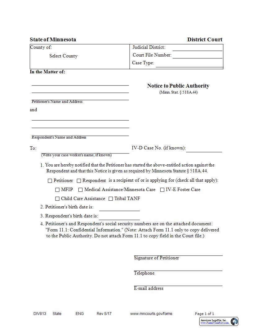 Notice To Public Authority {DIV-813} | Pdf Fpdf Docx | Minnesota