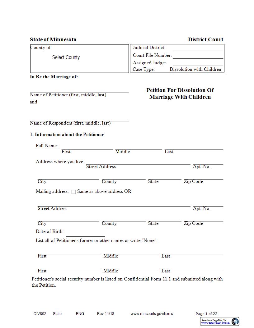 Petition For Dissolution Of Marriage With Children {DIV-802} | Pdf Fpdf Docx | Minnesota