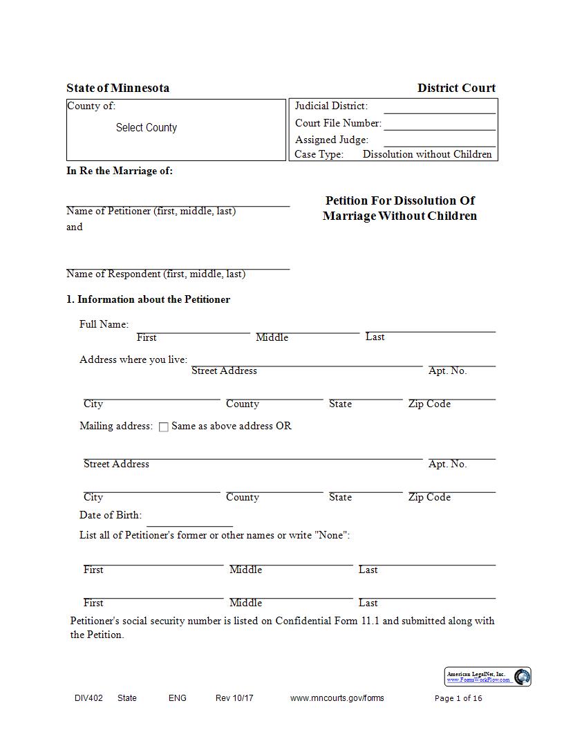 Petition For Dissolution Of Marriage Without Children {DIV-402} | Pdf Fpdf Docx | Minnesota