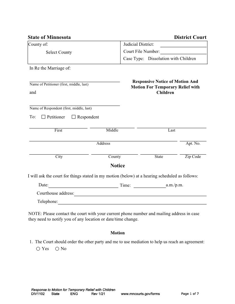 Responsive Notice Of Motion And Motion For Temporary Relief With Children {DIV-1102} | Pdf Fpdf Docx | Minnesota