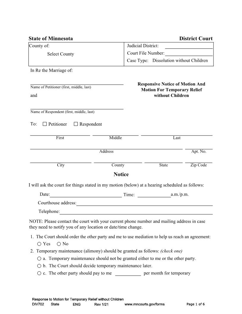 Responsive Notice Of Motion And Motion For Temporary Relief Without Children {DIV-702} | Pdf Fpdf Docx | Minnesota